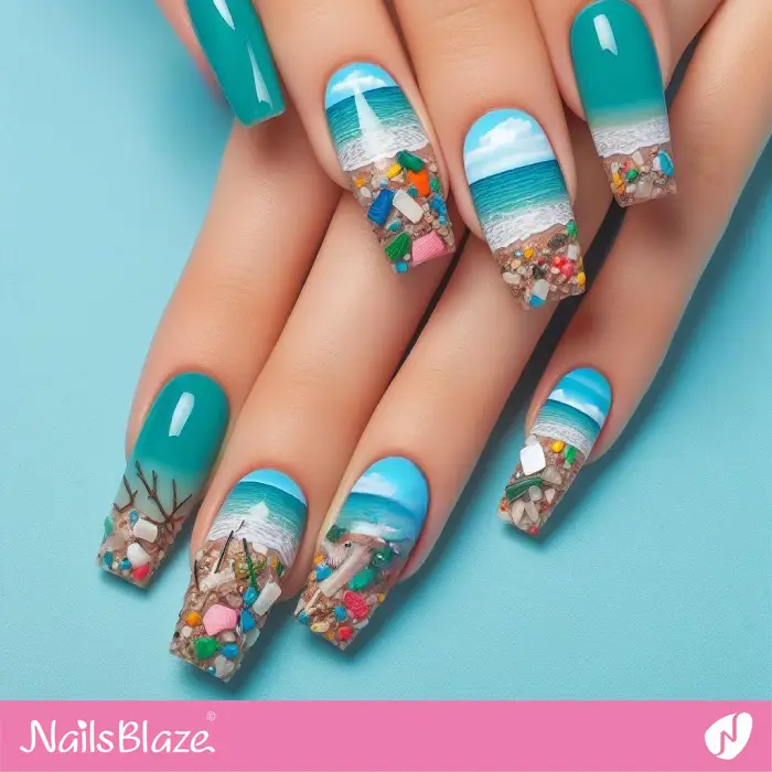 Plastic Debris on Seabed and Beach | Nails Art | Save the Ocean Nails - NB3110